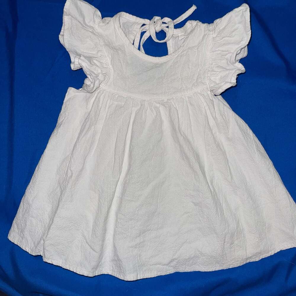 Toddler Baby Girl White Textured Ruffle Flutter Sleeve Back-Tie Dress